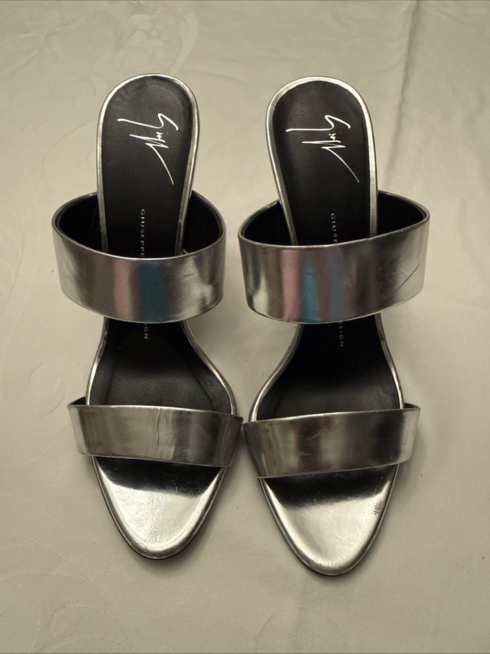 Giuseppe Zanotti Metallic Silver Double Band Slide Mules8 1/2